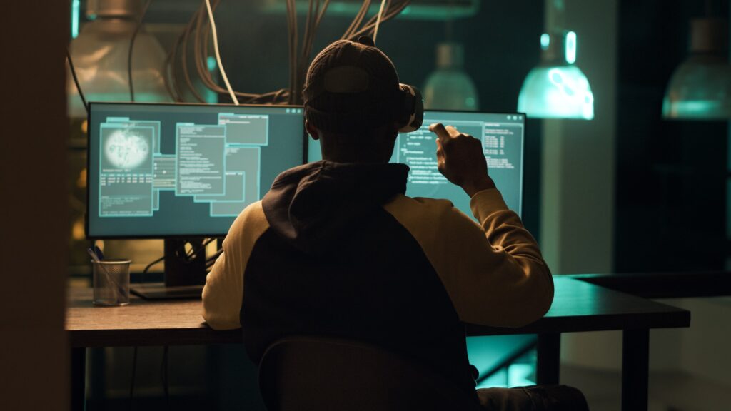 African american hacker using virtual reality glasses to hack computer server