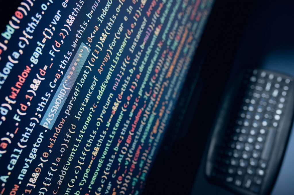 Cyber security threat. Computer screen with programming code. Internet and network security