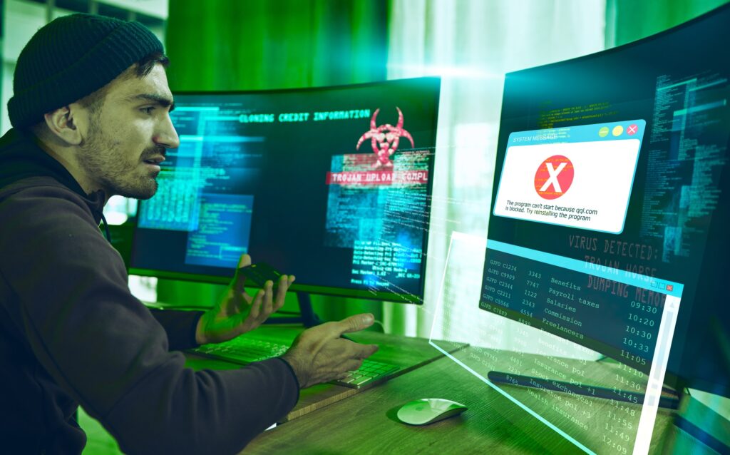 Hacker, fraud and man with credit card at computer for phishing, scam or malware. Confused, neon da